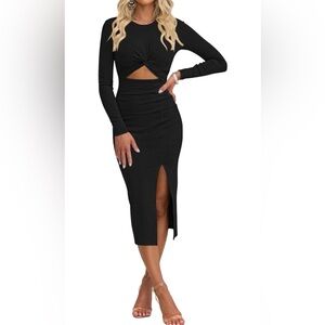 Black Long Sleeve Twist Front Cutout Midi Dress